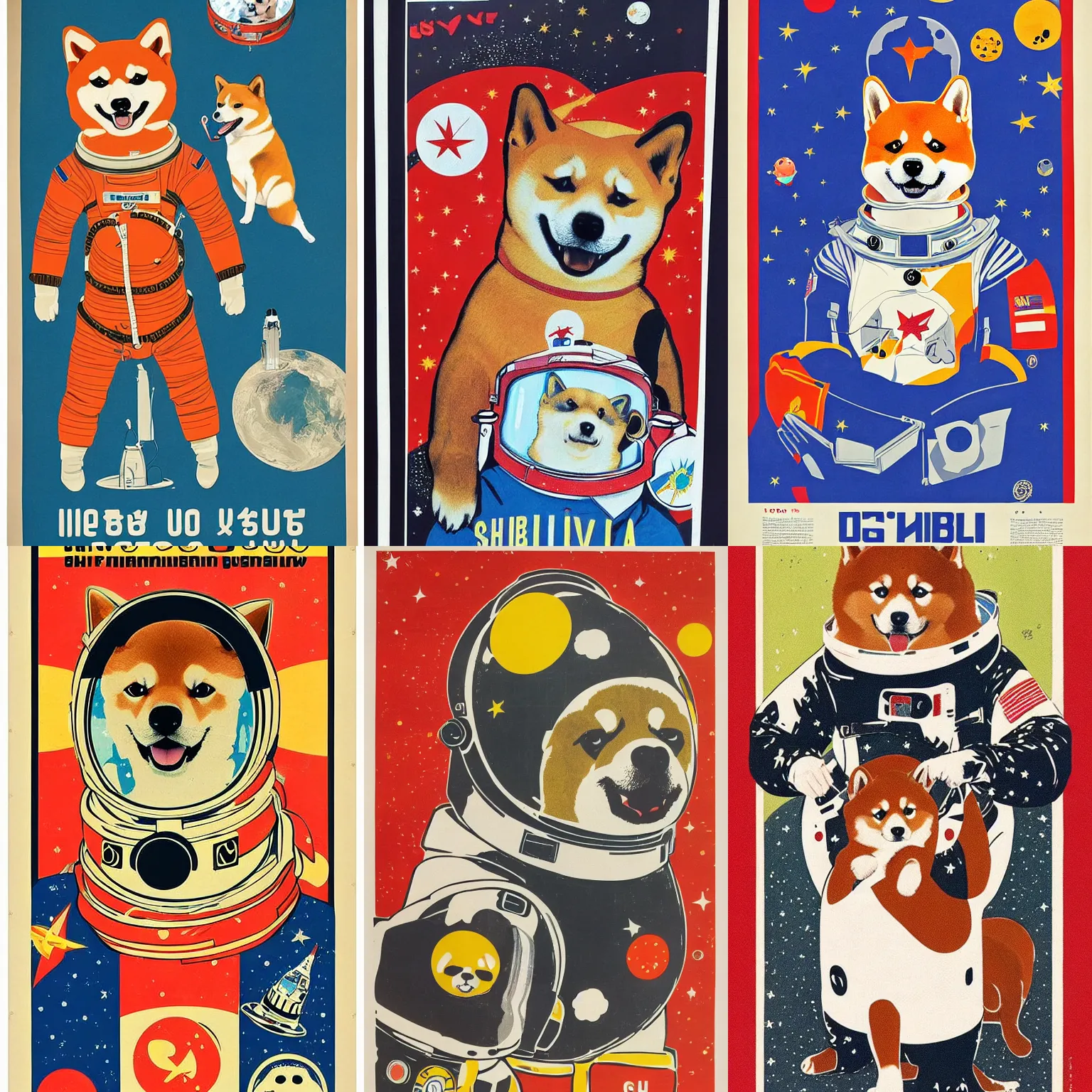 Prompt: Shiba Inu cosmonaut portrait, happy doge, 60s poster, 1968 Soviet Japanese