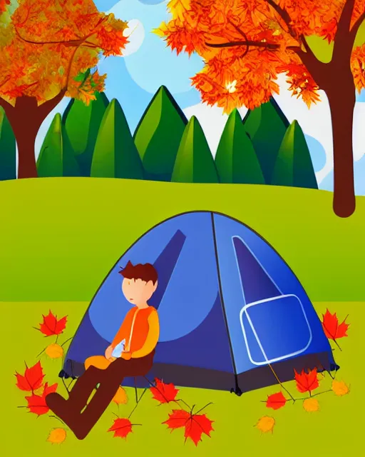 Image similar to autumn hillside boy with camping bag illustration light color