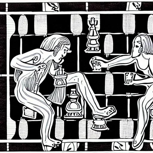 Prompt: Adam and Eve playing chess on a chessboard. Detailed pen and ink.