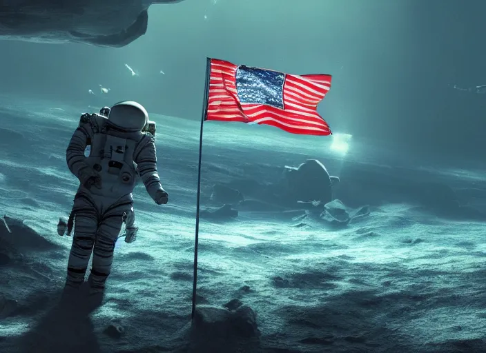 Image similar to astronaut holding a flag in an underwater desert. a submarine is visible in the distance. dark, concept art, cinematic, dramatic, atmospheric, 8 k, trending on artstation, blue, fish, low visibility, fog, ocean floor, christopher nolan, interstellar