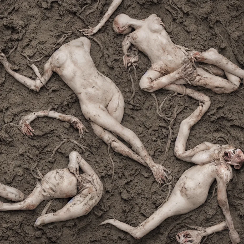 Prompt: overhead view a woman's corpse connected by an umbilical cord to a baby buried under mud and oil spill, faded, depth of field,, ultra realistic, very detailed, by hans bellmer and nadav kander, 8 k hyper realistic detailed cinematic still