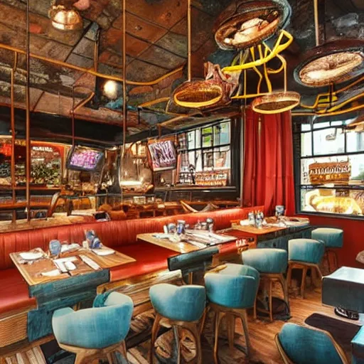 Image similar to a restaurant inspired by the rusty krab from spongebob squarepants, interior, realistic, photography