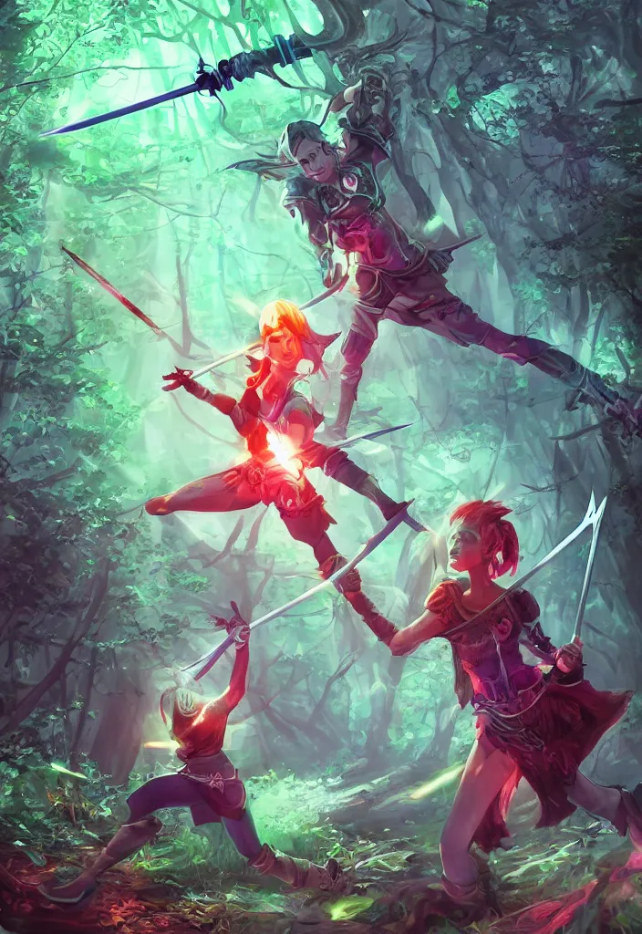 Image similar to , woman with illuminated sword and android with neon gloves fighting a shadow demon in the forest, grand scale , digital effects fantasy ,digital art, illustration, stylized, cel shaded