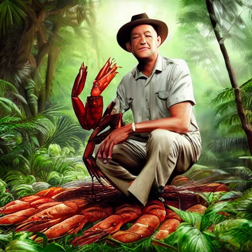 Image similar to Tom Hanks as forrest gump sitting on a giant shrimp in the jungle, realistic digital painting, in the style of Taeyoung Choi, photoreailstic, realistic face, amazing detail, sharp