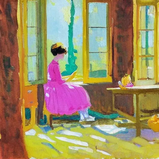 Prompt: a girl in a pink dress with folded hands with peaches and iphones sits at a table in a sunny room and looks at the camera, the window is open, there is a yellow forest outside the window, by valentin serov