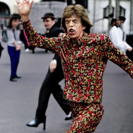 Prompt: ministry of silly walks by Mick Jagger