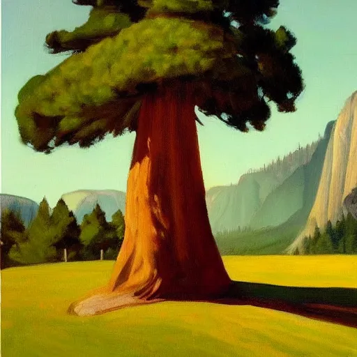 Image similar to a beautiful painting of a sequioia tree in the middle of yosemite valley in the style of edward hopper