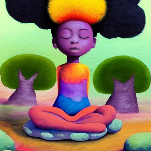 Image similar to a black girl with a colorful afro and big colorful eyes meditating in an african zen garden with a baobab tree at sunset, bright colours, bokeh!!, watercolor, volumetric wool felting, macro photography, children illustration, by goro fujita