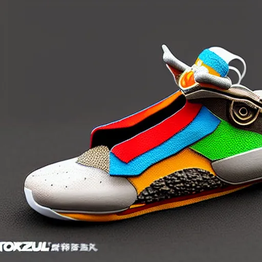 Image similar to realistic scultpure of sneaker! design, sneaker design overwatch fantasy style mixed with aztec mayan native street fashion, focus on sneakers only, shoes designed by akira toriyama and studio ghibli