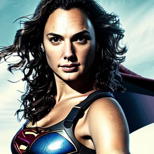 Image similar to an potrait of gal gadot play Man of Steel replacing Henry Cavill, photorealistic, high detail, photo studio, testing custom, 4k