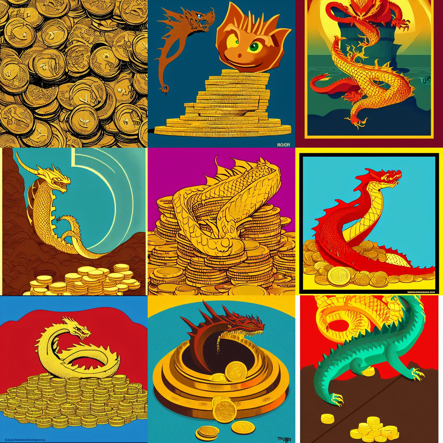 Prompt: the dragon smaug on a pile of gold coins, by tom whalen