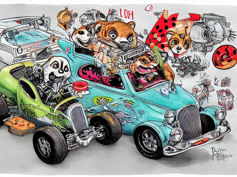 Image similar to cute and funny, racoon riding in a tiny hot rod coupe with oversized engine, ratfink style by ed roth, centered award winning watercolor pen illustration, isometric illustration by chihiro iwasaki, edited by range murata