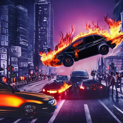 Image similar to city on flames at night, batman dancing on top of a car, people cheering, dark, detailed