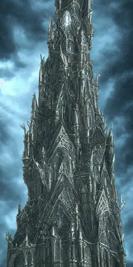 Image similar to elven architecture, tower made of silver, beautiful, tall, digital art