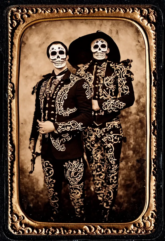 Image similar to tintype full body view, man in mariachi dia de muertos suit and make up, horrific beautiful vibe, evocative, atmospheric lighting, painted, intricate, highly detailed,