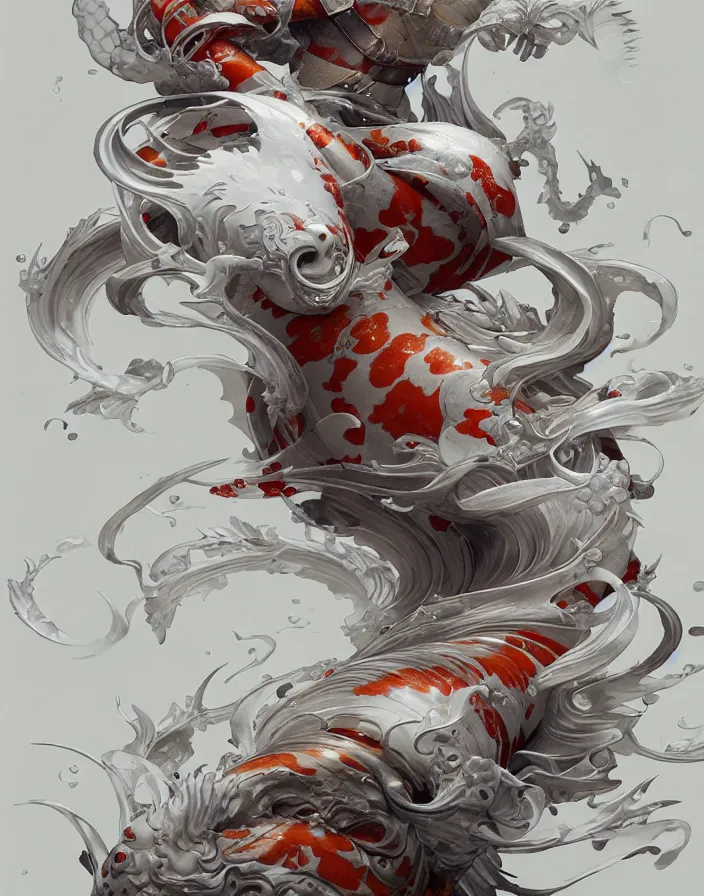 Image similar to subsurface scattering, white, koi, samurai deity with koi armor, art nouveau swirls, octane render, by jesper ejsing, james jean, justin gerard, tomasz alen kopera, cgsociety and fenghua zhong, highly detailed, rim light, cinematic lighting, art, very coherent, cinematic, hyper realism, high detail, 8 k