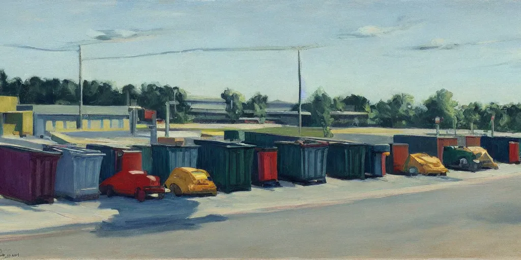 Prompt: Dumpsters by the parking lot behind a Walmart in a North American suburban strip mall by Edward Hopper
