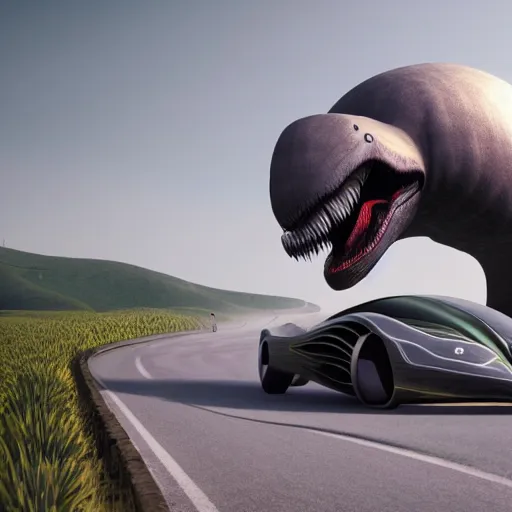 Prompt: a spherical car driving down the road with a tyrannosaurus rex and humans dancing in the background, smoky, green hills, many interstellar plants, futuristic concept design, airy landscape, high detail rendering by octane, unreal engine, 8 k, cinematic grade.