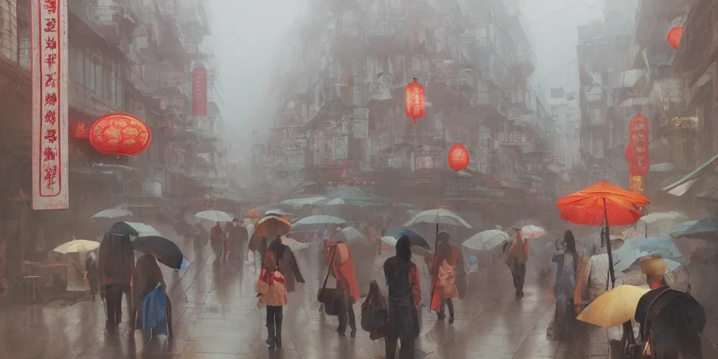 Image similar to morning market in chinatown, foggy rainy day, matte painting, studio ghibli, artstation