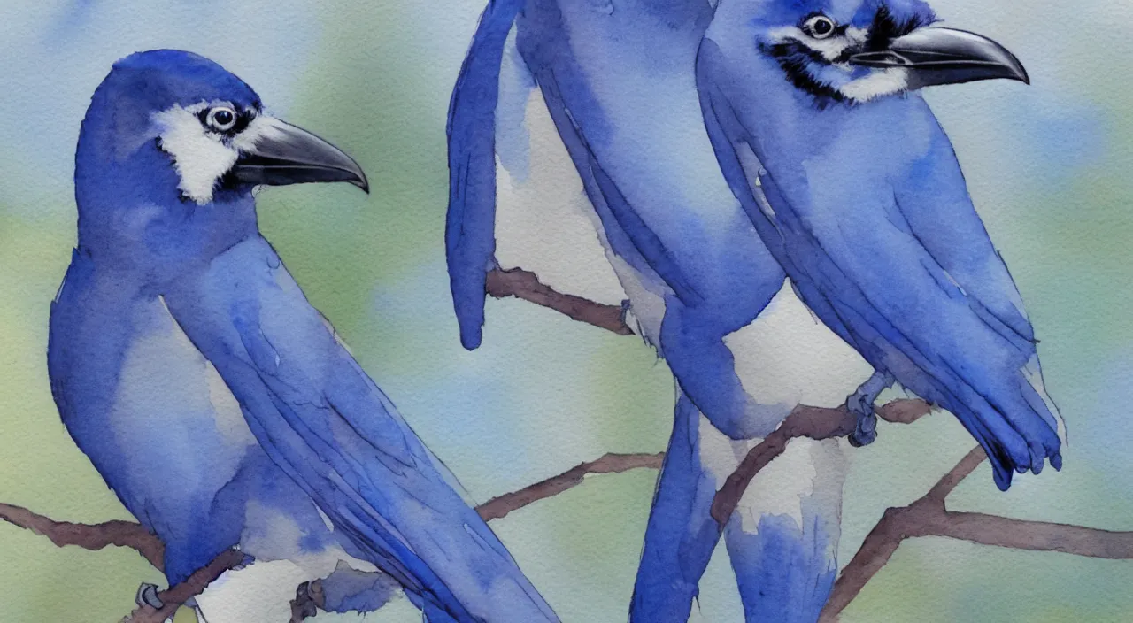 Prompt: watercolor painting of one bluejay, one raven, beautiful,