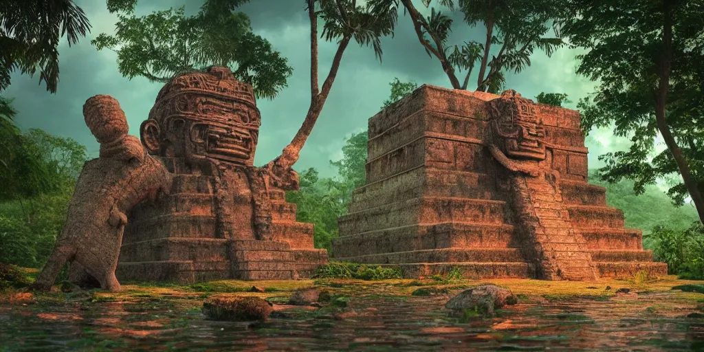 Prompt: mayan god statue in stone, surrounded by lush green vegetation, ground - level view, puddles of water, stunning volumetric lighting, sunset, trending on artstation, 8 k, photorealistic, hyper detailed, unreal engine 5, cinematic, epic lighting, cryengine, octane render, cyberpunk, red and orange glow, dark, gloomy