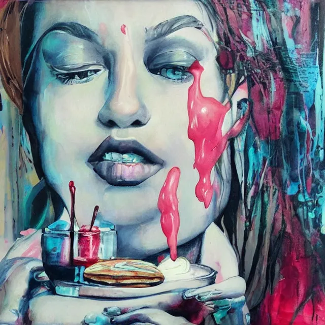 Image similar to “ sensual, a portrait in a female art student ’ s apartment, pancakes, woman drinking an iced latte from a painting, berries, art supplies, a candle dripping white wax, berry juice drips, neo - expressionism, surrealism, acrylic and spray paint and oilstick on canvas ”
