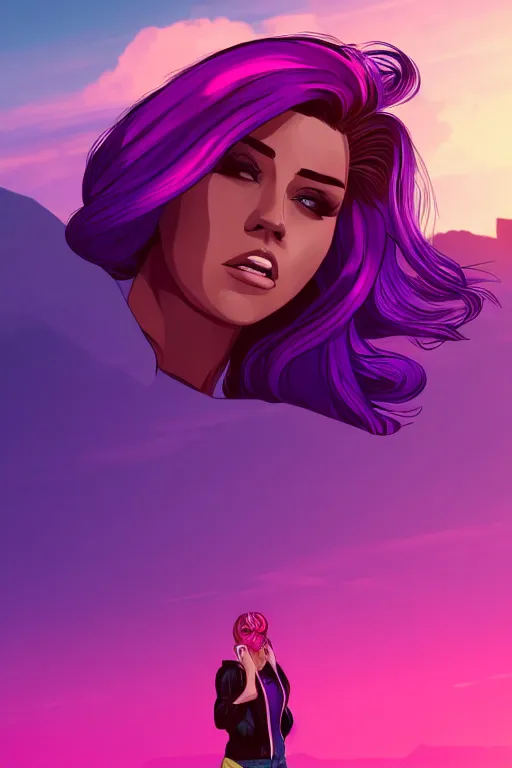 Image similar to a stunning GTA V loading screen with a beautiful woman with ombre hairstyle in purple and pink blowing in the wind, sunset, outrun, vaporware, retro, digital art, trending on artstation