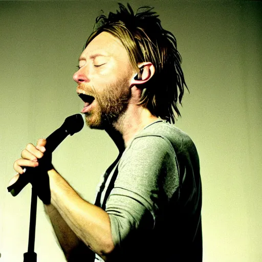 Prompt: Thom Yorke monster 1995 singing into a microphone, a photo by John E. Berninger, trending on pinterest, private press, associated press photo, angelic photograph, masterpiece