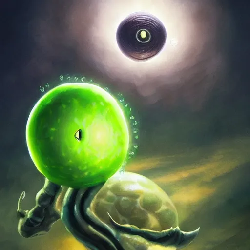 Prompt: a giant one - eyed bumpy wrinkly ball sphere green pea, with boney arms and a single sauron eye, lovecraft, trending on artstation, 4 k, video game art, oil painting