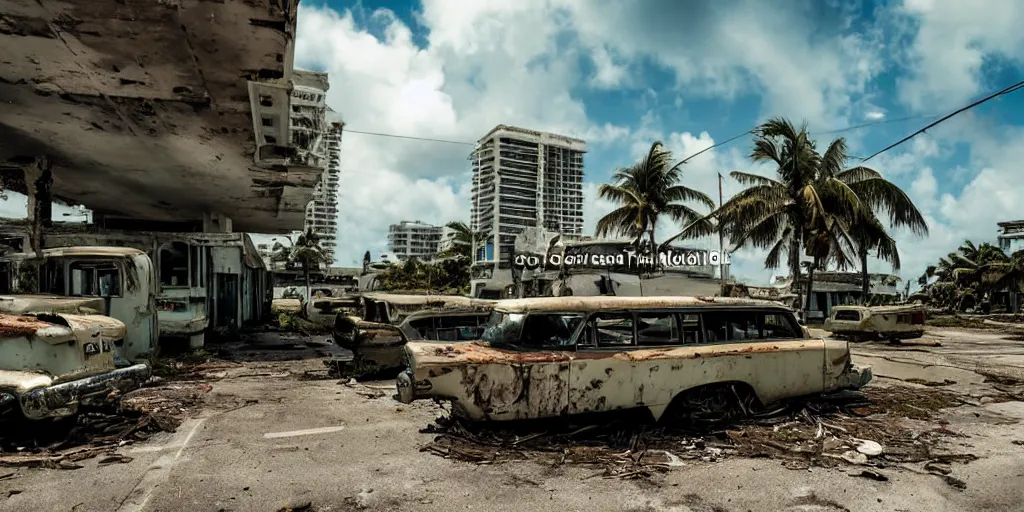 Image similar to low wide angle shot of dilapidated fallout 5 miami, tropical coastal city in real life, desolate, dilapidated, empty streets, some rusted retro futuristic vintage styled parked vehicles like cars, buses, trucks, trams, sunny weather, few clouds, volumetric lighting, photorealistic, daytime, spring, sharp focus, ultra detailed