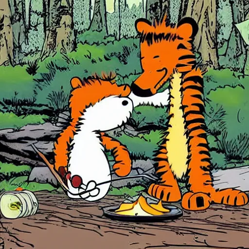 Image similar to Calvin and Hobbes camping in the forest making dinner