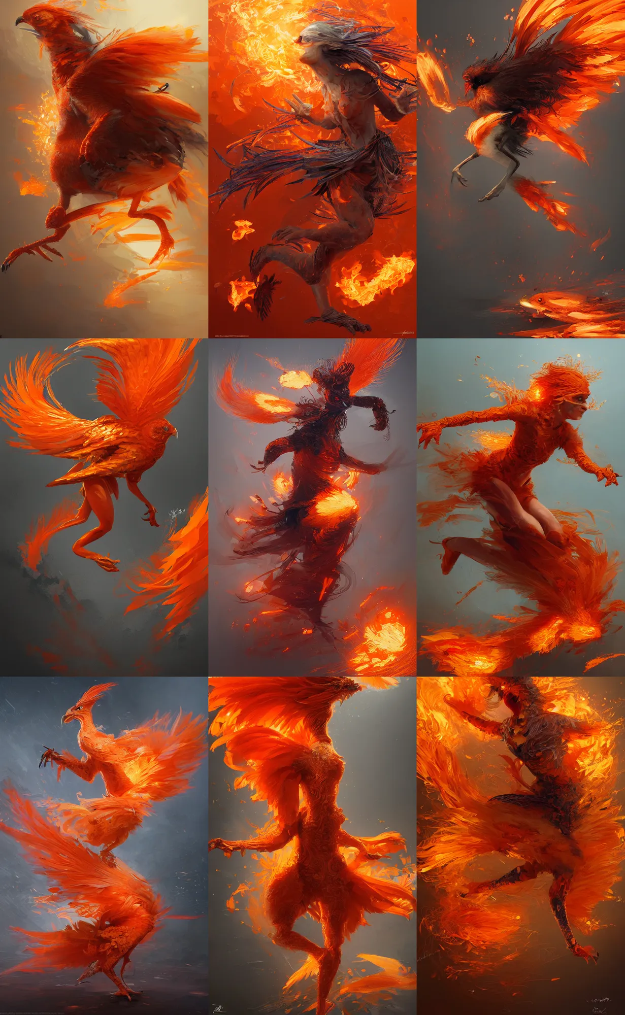 Prompt: chick with flaming orange feathers, running, intricate, elegant, highly detailed, digital painting, artstation, concept art, sharp focus, illustration, aleksi briclot, rutkowski