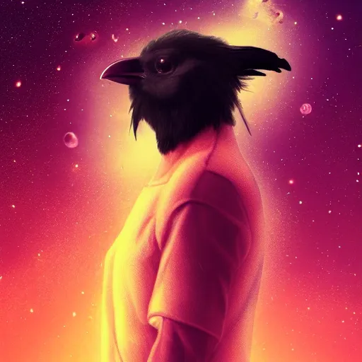 Image similar to portrait from a crow, feathers, bird, avian, wings, synthwave, universe background, nebula, galaxy, artstation