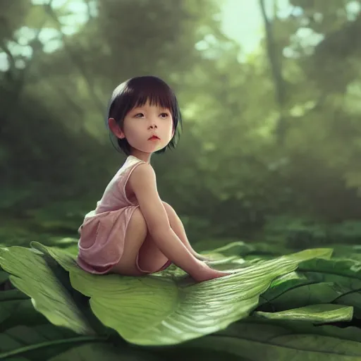 Image similar to very very small little girl by wlop, sitting on a gigantic green leaf by ilya kuvshinov, rtx rendering, octane render 1 2 8 k, maya, extreme high intricate details by tom bagshaw, digital anime art by ross tran, medium shot, close up shot, composition by sana takeda, lighting by greg rutkowski