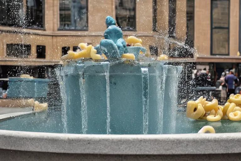 Prompt: a public fountain filled with macaroni and cheese