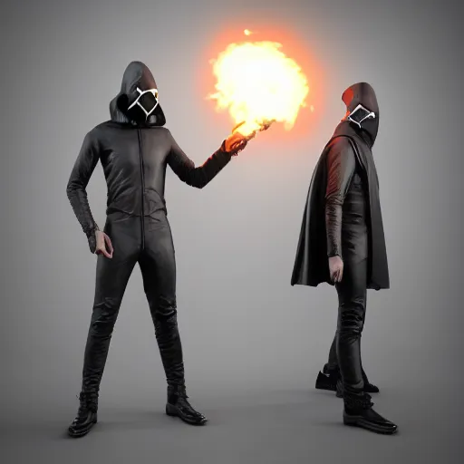 Image similar to masked villain with a dark cloak and a light grey jumpsuit holding a big iron revolver and turning his head at a 3 0 degree angle ( highly detailed, photo - realistic, hyperrealistic, flashing lights, greatly illustrated, uhd, 4 k render image )