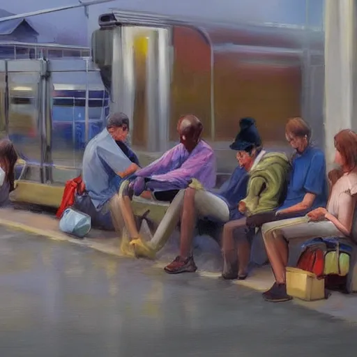 Image similar to A beautiful sculpture of a group of people waiting at a railway station. The people in the artwork are all waiting for a train that is about to arrive. Dexter's Lab by Alyssa Monks fine, calm