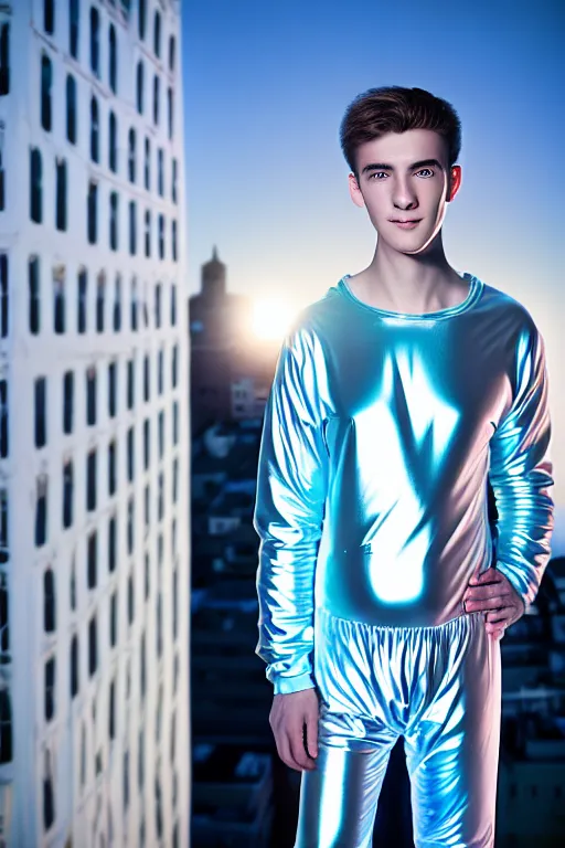 Image similar to un ultra high definition studio quality photographic art portrait of a young man standing on the rooftop of a british apartment building wearing soft baggy inflatable padded silver iridescent pearlescent clothing. three point light. extremely detailed. golden ratio, ray tracing, volumetric light, shallow depth of field. set dressed.