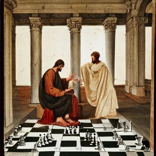 Prompt: jesus playing chess in a neoclassical palace