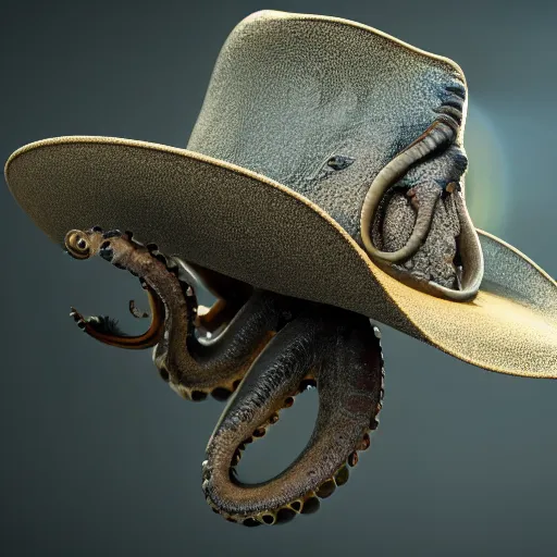 Image similar to hyperrealistic dslr film still of amorphous cephalopod wearing a cowboy hat, stunning 8 k octane comprehensive 3 d render, inspired by istvan sandorfi & greg rutkowski & unreal engine, perfect symmetry, dim volumetric cinematic lighting, extremely hyper - detailed, extremely lifelike attributes & lifelike texture, intricate, masterpiece, artstation, stunning