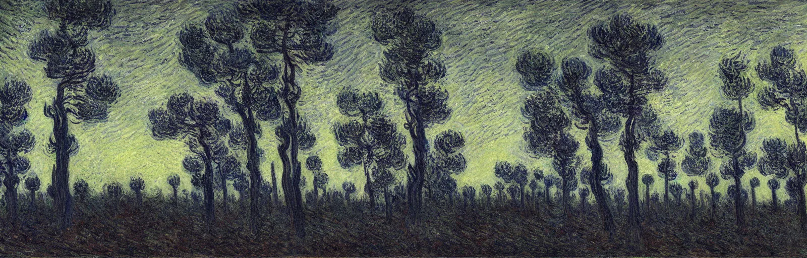 Image similar to An aesthetically pleasing, dynamic, energetic, lively, well-designed digital art of juniper trees in a forest at night in a low mist, light and shadow, chiaroscuro, by Claude Monet and Vincent Van Gogh, superior quality, masterpiece, excellent use of negative space. 8K, superior detail.