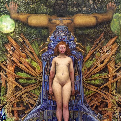 Image similar to robot seizes the forest throne, by Annie Swynnerton and Diego Rivera and Elihu Vedder, symbolist, dramatic lighting, elaborate geometric ornament, tattoos, Art Brut, soft cool colors,smooth, sharp focus, extremely detailed, Adolf Wölfli and Donato Giancola