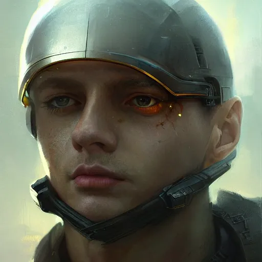 Image similar to a dramatic epic ethereal portrait of a futuristic soldier, young male, detailed face, cinematic lighting, highly detailed oil on canvas painting by Greg Rutkowski, winning-award digital art trending on Artstation H 1024 W 832