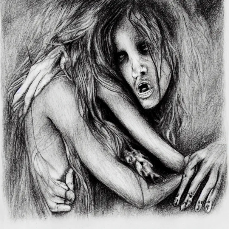 Prompt: a drawing in the style of stephen gammell of a spider consoling a crying child