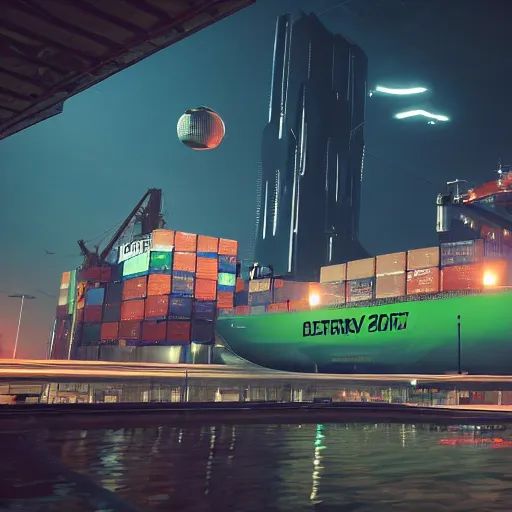 Image similar to an anti-gravity (futuristic container vessel) hovering at port in Night City Cyberpunk 2077, muted cyberpunk style, tranquil, steady, atmospheric, sweltering, autochrome, 8k, reflections, octane render, unreal engine 5