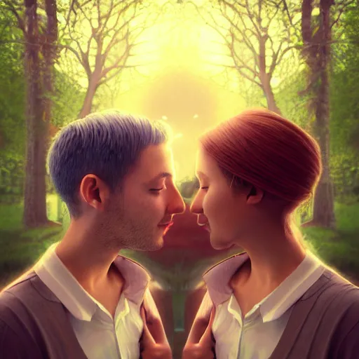 Prompt: abbstract surreal perfectly centered symmetrical split male and female portrait of man and woman in love sharing one heart ; 3 d render by lilia alvarado, photorealistic, highly detailed ; octane ; unreal engine ; trending on artstation