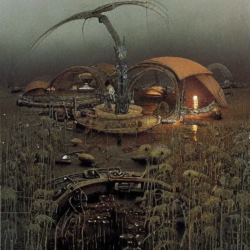 Image similar to painting hr giger tent in a landscape, scifi gadgets in a pond, floral ornaments light beams night, street lights, beksinski