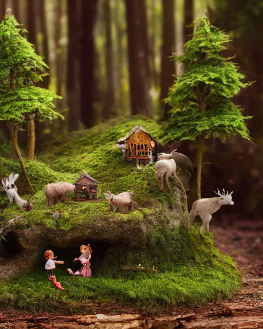 Image similar to high quality presentation photo of a detailed miniature diorama of a fairy tale forest in the style of Nicoletta Ceccoli, photography 4k, f1.8 anamorphic, bokeh, 4k, Canon, Nikon