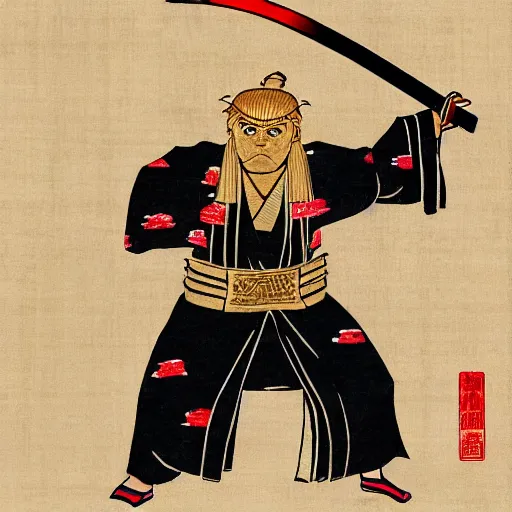 Image similar to donald trump dressed as a samurai holding a katana in a japanese edo period ink block painting, 4 k, hyper realistic, dslr, high resolution, landscape, beautiful