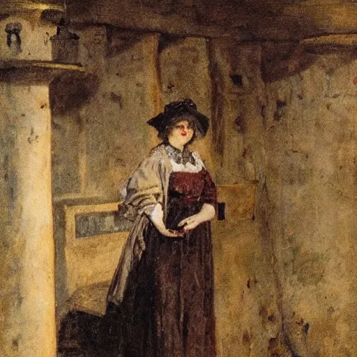 Image similar to theatre actress in the catacombs, by alfred stevens